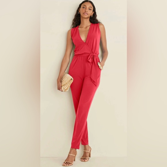 VENUS Pants - VENUS Vibrant Red V-Neck Top Wrap Tie Jumpsuit size Small NWT